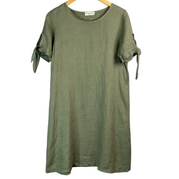 TERZO MILLENNIO Linen Shift  Dress Sage Green Tied Short Sleeves Coastal Loose S - Picture 11 of 11